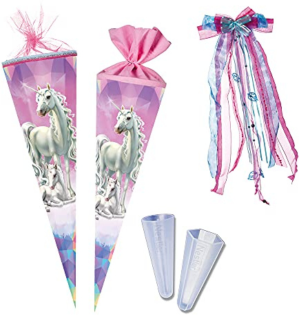 Nestler Schultüten-Set zum Befüllen, Handgemachte Zuckertüte aus Karton - Motiv Einhorn Märchenwald, inkl. Spitzenschutz, Schleife (70 cm rund)