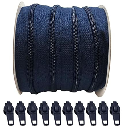 JYC Creative 1 Metri di Chiusure Lampo #5 in Nylon + 3 Cursori Automatici Tiretti in Metallo, Cerniera per Cucire, Blu Navy 330