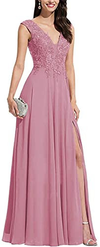 KURFACE Appliques in pizzo abiti da damigella d'onore scollo a V fessura formale festa di nozze abiti da ballo per le donne, Rosa polvere, 52