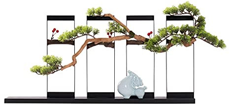 hanxiaoyishop Bonsai Künstliche Begrüßungskiefer Abstrakte Keramik Auspicious Horse Silikon Nadel Blatt Metallhalterung Wohnzimmer Haus- und Büro Zen Raumdekorationen Bonsai Baum