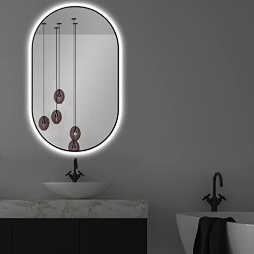 Apjeoy LED Badspiegel Oval 50 x 90 cm Wandspiegel mit matt schwarz Metallrahmen Beleuchtung Badezimmerspiegel mit Touch-Schalter Lichtspiegel Dimmbar Warmweiß/Kaltweiß/Neutral 3000-6500K AJ29P