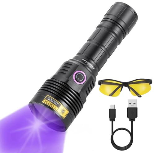 Alonefire SV47 12W 365nm UV Taschenlampe Typ C USB Aufladbar Große Reichweite Schwarzlicht Haustierurin Detektor für UV Harz, Angeln, Skorpion, Bernstein, Mineralien mit UV Schutzbrille, Batterie