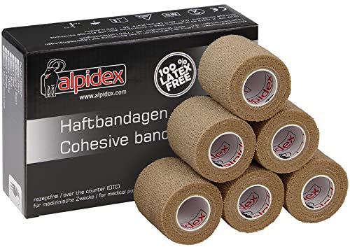 ALPIDEX 6 Rollen Haftbandage 5 cm x 4.5 m Selbstklebender Verband Pet Bandagen Fixierband Sport Vet Wrap Tape Selbsthaftend, Farbe:beige