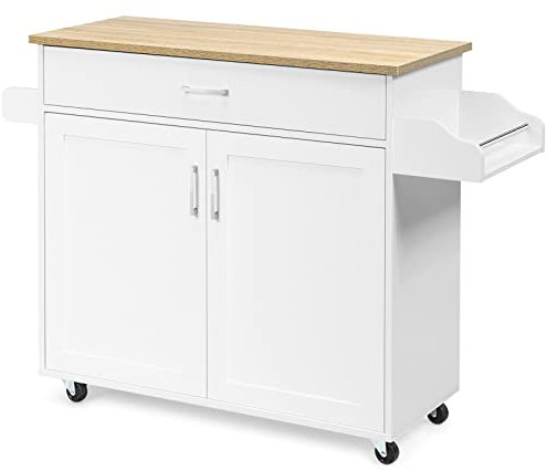 TANGZON Kitchen Island on Wheels, Rolling Storage Trolley with Large Cabinet, Drawer, Adjustable Shelf, Wood Worktop, Spice & Towel Rack, Utility Serving Cart for Dining Living Room Restaurant (White)