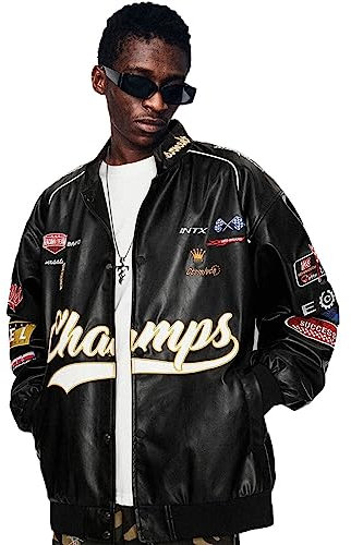 Aelfric Eden Herren Jacke Schwarz Retro Lederjacke Unisex Collegejacke Stehkragen Damen Baseball Jacken Übergröß mit Tasche L