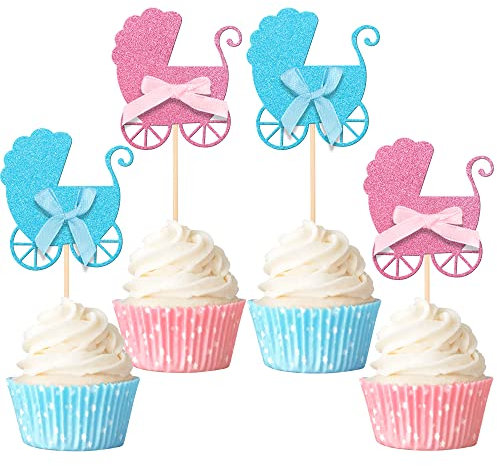 Xsstarmi 24 Pack Baby Carriage Cupcake Toppers with Bow Glitter Gender Reveal Cupcake Picks Baby Shower Kids Birthday Party Cake Decorations Supplies