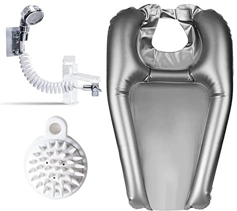 Lavabo Portable Gonflable, DOYUKY Lave-Cheveux Gonflable en Pvc avec une Pomme de Douche + une Brosse le Shampooing, Douchette de Chevet pour les Personnes Âgées, Handicapées, Femmes Enceintes(Argent)