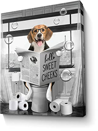 Impression murale amusante de chien beagle noir et blanc – Décoration murale encadrée pour salle de bain – Décoration d'animal assis dans les toilettes lisant un journal – Œuvre d'art encadrée pour