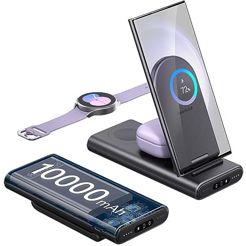 SwanScout 10,000mAh Station de Charge pour Samsung, Chargeur sans Fil Pliable pour S25 Ultra/S25/S24/S24/Z Flip 6, Batterie Externe 3 en 1 pour Galaxy Watch 7/Ultra/6/5/4/3, SwanScout 301S