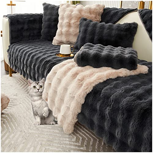 AWAV Thick Rabbit Plush Sofa Cover Sofa Slipcover Corner, 3/2/1/4 Seater Universal Couch Cover Anti-rutsch Sofaüberwurf, Sofahusse Sofa überzug Ecksofa, Sofaschoner für Hunde (Schwarz,70x120cm)