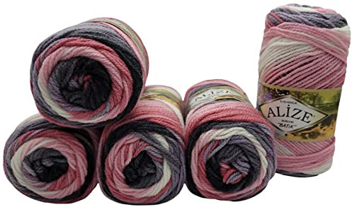 5 x 100 Gramm Alize Burcum Batik Wolle mehrfarbig mit Farbverlauf, 500 Gramm Acryl Strickwolle bunt (beere schwarz grau weiss 1602)
