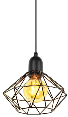 PETITES ECREVISSES Lámpara Colgante Vintage E27 Lámpara de Techo Retro Diseño de Jaula Metal Ø22cm Iluminación de Techo de Interior Negro para Pasillo Porche Cocina Dormitorio(Sin madera-1 pieza)