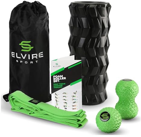 ELVIRE Physio Edition Foam Roller Deep Tissue Massagegerät Set - Beinhaltet: strukturierte Schaumstoffrolle, weiche innere Schaumstoffrolle, ovale Massagerolle, Stretchbänder - Lindert Schmerzen: