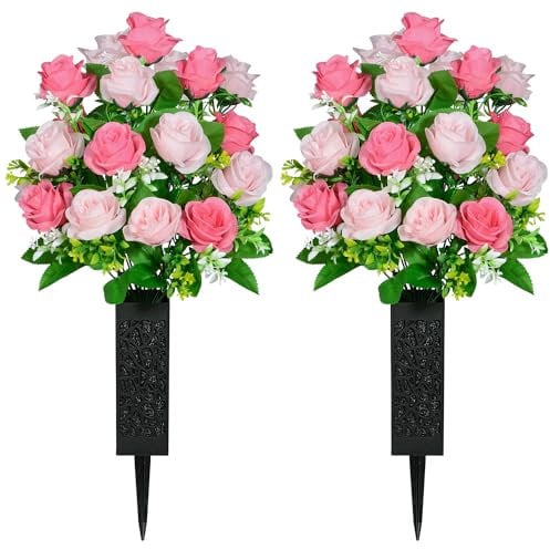 SIFOEL 2 Piezas de Flores Artificiales Cementerio con florero, Rosa Artificial Tumba Flores conmemorativas para la decoración de la lápida del Cementerio (Pink)