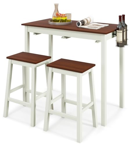 COSTWAY 3 Piece Bar Table Set, Space Saving Dining Table and Stools with 2 Wine Holders, Footrest, Rubber Wood Legs & Non-slip Pads, Breakfast Kitchen Table Chairs Set for Dining Room Pub