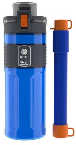 HISOIT Filter Water Bottle with Water Filtration straw Outdoor Water Purifier and Water Filtration Survival Emergency Hiking Travel and Backpacking 0.01μm Ultra-Filtration BPA Free 17oz Dark Blue