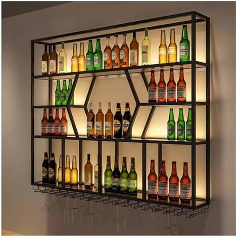 PHLEPS Portabottiglie a LED da parete, porta bottiglie e bicchieri in metallo con ripiani galleggianti a lato superiore per casa, ristorante, bar (colore: nero-B, dimensioni: 120 x 20 x 125 cm)