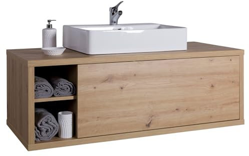 Composad | Waschbeckenunterschrank der Linie LADAMA mit Waschbecken, Waschbeckenunterschrank für Badezimmer, Hängeschrank für Badezimmer, Waschbecken, (BxHxT) 123 x 42 x 51 cm, Farbe Honigeiche, Made