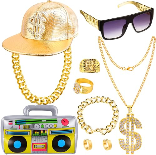 Peirich Kit de Costume Hip Hop, Accessoires de Rappeur des Années 80/90 pour Concerts de Rap, avec Boîte Radio Gonflable Lunettes de Soleil Chapeau et Or Signe de Dollar Collier Bracelet Anneau