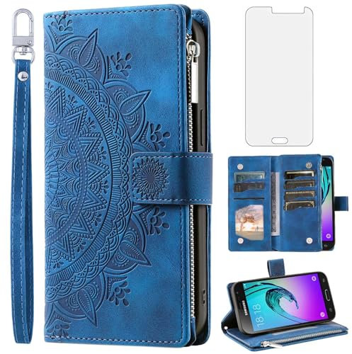 Custodia a portafoglio per Samsung Galaxy J3 2016/J 3 V/J36V/Sky/Amp Prime, con pellicola proteggi schermo in vetro temperato e cinturino da polso, motivo floreale mandala, chiusura lampo, porta carte