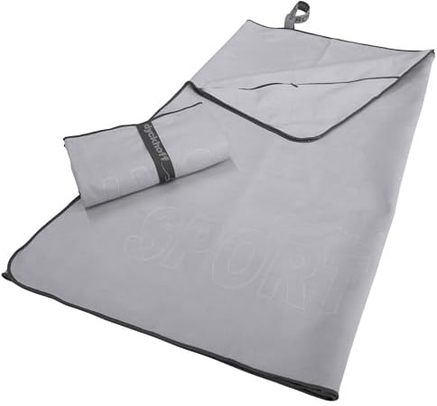 Dyckhoff Sporttuch Mikrofaser, Handtuch 80x180cm, grau | Reißverschlusstasche, funktional für Reisen, schnelltrocknend, leicht zu verstauen, ideal für Sport und Freizeit
