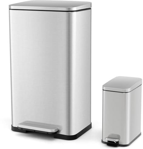 COSTWAY 40L & 6L Trash Can Combo Set, Set of 2 Stainless Steel Kitchen Rubish Bin with Detachable Inner Buckets, Stay-Open & Soft-Closing Lids, Fingerprint Proof Recycling Pedal Bin for Home Office