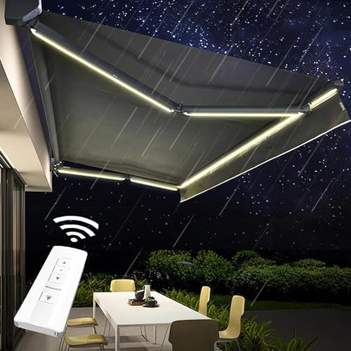 MOFGOE 2x1.5m Electric Retractable Patio Awning Canopy with LED Light, Remote Controlled Sunshade Shelter, Water UV/Heat Resistant, Shelter Pergola for Courtyard, Cafe, Balcony,Black