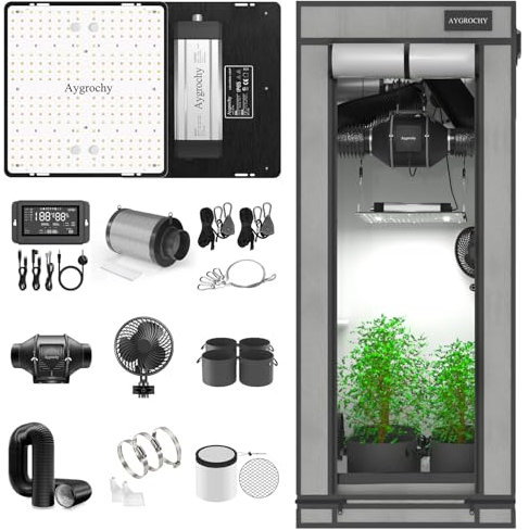 Aygrochy Advanced Grow System Pflanzen Set mit Central Integrated Controller. Automatischer Belüftung Zirkulationsplan, Vollspektrum-LED-Wachstumslampe 100W EVO, 60 x 60 x 160 cm große Wachstumsbox.