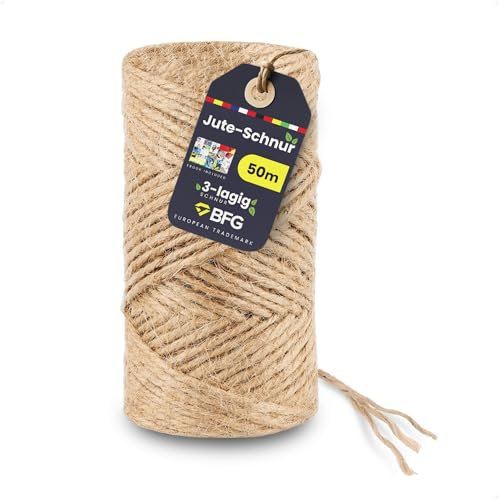 BFG Jute-Schnur 50m 2-3mm - Reißfeste 3-lagiges Juteschnur, Gartenschnur mit Naturfaser für Pflanzen und Dekorationen, Braun Paketschnur, Jutegarn für Verpackung und Handwerk