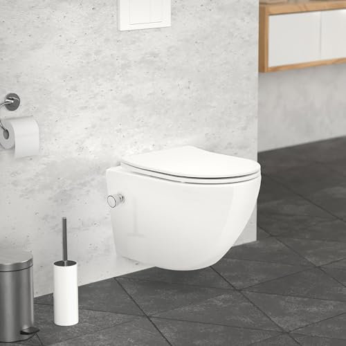LuxeBath Wand WC Spülrandlos mit Bidet-Funktion, Weiß, Tiefspüler Keramik Hänge WC, kurz 49cm, Dusch WC mit Nano Beschichtung, Tornadospülung, Glänzende Kloschüssel Hängend mit WC-Sitz Absenkautomatik