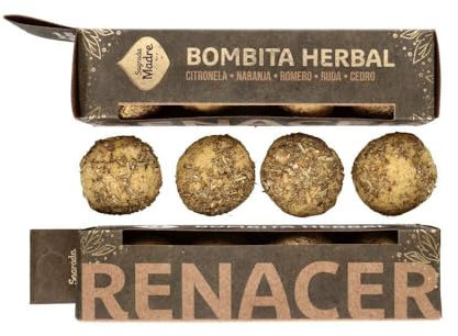 Bombita Herbal x4 Renacer - Sagrada Madre, Incienso Natural para Defumar y Sahumar, Limpieza Energética con Aceite de Citronela, Cáscara de Naranja, Romero, Ruda y Cedro, Pack de 4 Unidades