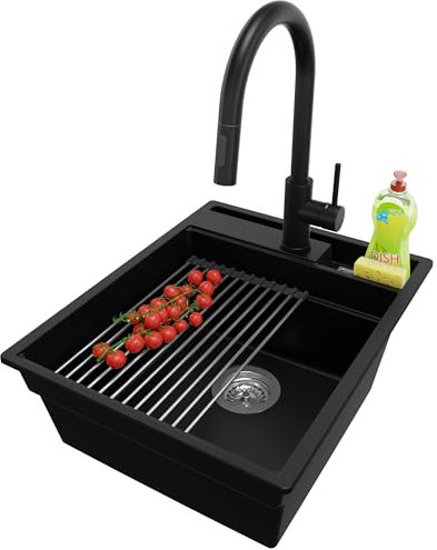 PRIMAGRAN Fregadero Granito Negro 43x53cm, Fregadero Cocina 1 Seno + Sifón + Grifo 40x20cm + Enrollable Escurridor, Fregadero sobre encimera al mueble 45cm - Oslo Pocket