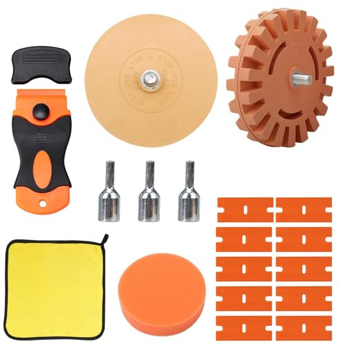 Folienradierer, Aufkleber Radiergummi Set, Folienradierer mit Adapter, Radierscheibe, Radierer Aufkleber Entferner, Schaber Kunststoff mit 10 Kunststoffklinge, für Entfernen Kleberesten am Fahrzeug
