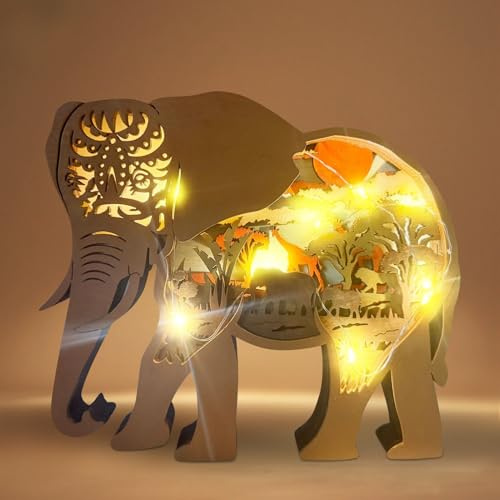Elefant Deko mit LED Nachtlicht, Holz Tiere Statuen Eule Löwe Deko Skulptur Handwerk Ornamente Hölzerne Statue Deko für Schlafzimmer Wohnzimmer Kinderzimmer Tisch Wand Dekoration (Elefant)