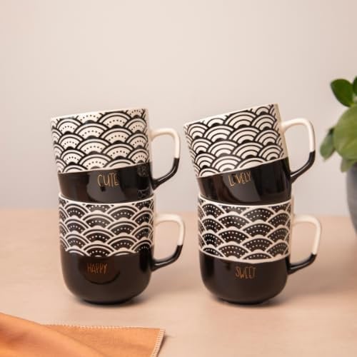 FABFINDS Monochrome Black & White Ceramic Mug 370ml Assorted Minimalist Designs, Stylish Stoneware Coffee Cup for Tea & Hot Drinks, Durable Glazed Finish, Gift-Ready Mug (Lovely)