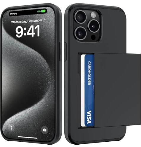 ÁRBOLORO Coque pour iPhone 15 Pro Max avec Porte Cartes, Étui Portefeuille Housse Fente Carte Militaire Antichoc Anti Rayures Fente Cachée Coulissante Case pour 2 Cartes, Noir