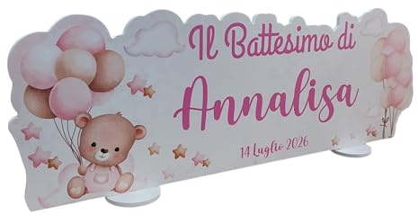 PV Grafik® Centro Tavola Battesimo Personalizzato, Centro Tavola confettata Battesimo, Tema Orsetto Bimba, Allestimento Battesimo Nome per Confettata Personalizzato (40B)