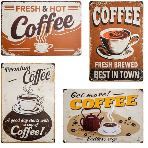 TIE-DailyNec Letrero Metálico para Café, 4 Piezas de Arte Retro para Pared | 20 x 30cm, Letrero Pintado, Placa, Póster, Decoración para la Pared del Hogar, Cocina, Dormitorio, Bar