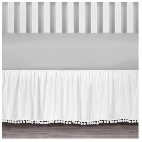 Kinderbett-Rock Krippenrock mit Pompons, 4 Seiten, elastisch, 14 Zoll Höhe(White,70x 140 x 36 cm)