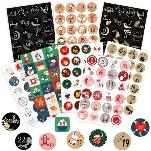 Adventskalender Zahlen Aufkleber, 8 x 24 Sticker Adventskalender Nummern Aufkleber 1-24 Klebezahlen Selbstklebend Zahlenaufkleber für Weihnachten zum Selber Basteln und Verzieren
