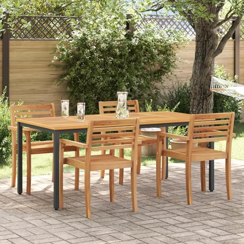HEFZGDB Massivholz Akazie Metall Gartentisch 180x90x75 cm Outdoor Esstisch mit Stahlgestell und Naturholzplatte für Terrasse Gartenbereich langlebige Konstruktion pulverbeschichteter