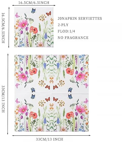 60 Stück Servietten Frühling Blumen Mit Schmetterling Motiv - 33x33cm Frühlingsservietten 2-Lagig - Frühlingsdeko Tisch, Dekoration Für Tischdeko Ostern & Party - Servietten Blumen Bunt Aquarell Look