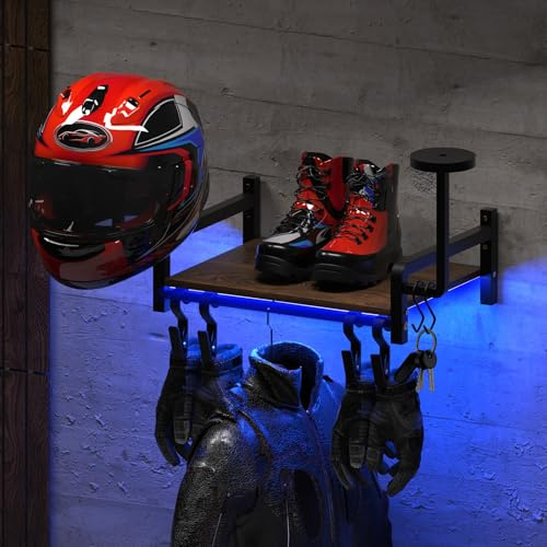 Vieshful Motorcycle Helmet Wall Mount Rack with RGB Lighting Strip | Easy Install, Space Saving, Sturdy Build, Wood & Metal, Accessories Organizer, Garage & Entryway
