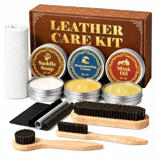 Jevvu 10PCS Leather Care Kit, Saddle Soap, Mink Oil & Waterproof Wax, Shoe Shine Kit for Boots, Leather Shoes & Cowboy Boots, Boot Cleaning Kit with Horsehair Brushes, Polish Cloths & Towel, Gift Set