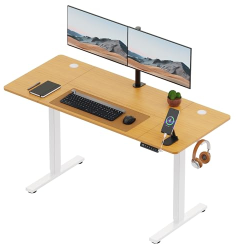VonHaus Electric Standing Desk, USB-C Charging Height Adjustable Sit Stand Desk with Anti-Collision, Height Preset Technology & Cable Management, Light Wood Four Piece Desktop & Steel Frame, 140x60cm | USB-C Charging, Height Adjustable 4 Piece Table Top, Sit Stand, Anti-Collision, Height Preset Technology, Cable Management