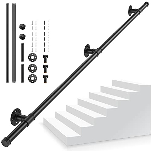 Corrimano Scale, 2M Passamano Scale Nero, corrimano per scale interno con Tubo in Acciaio Zincato Industriale Antiscivolo Antiruggine, Ringhiera per Scale Interne per Cucina Bagno Giardino