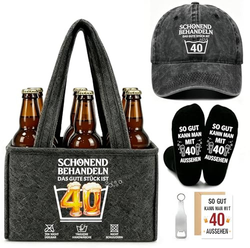 YSUVIN 40 Geburtstag Männer, Geburtstagsgeschenk Bier Handtasche Set | Filz Flaschentasche 6 Flaschen mit Flaschenöffner Socken Hut Grußkarten, Geschenk Mann für Kollege Freund Partner