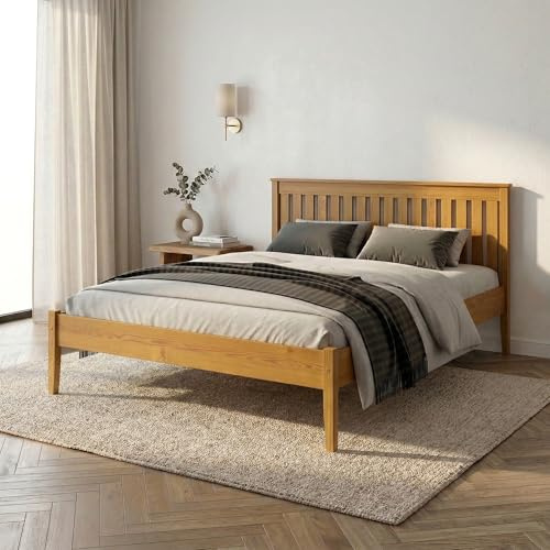 Home Collective Massivholzbett Doppelbett Bett Kiefer Naturholz Bettgestell mit Lattenrost & Kopfteil | 120x200 140x20 160x200 180x200 | Schlafzimmer Jugendzimmer Gästezimmer | 180x200 cm | Eiche