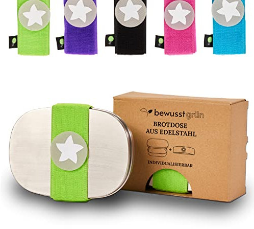 BewusstGrün Edelstahl-Brotdose für Kinder I Original DottyBox®-System mit Klettband in Grün I Personalisierte Brotdose für Kindergarten und Schule