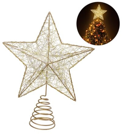 HEMOTON Estrella de Cinco Puntas Árbol de Navidad LED Decoraciones,Star Treetop Light Decoración de Navidad Pentagram (Gold)